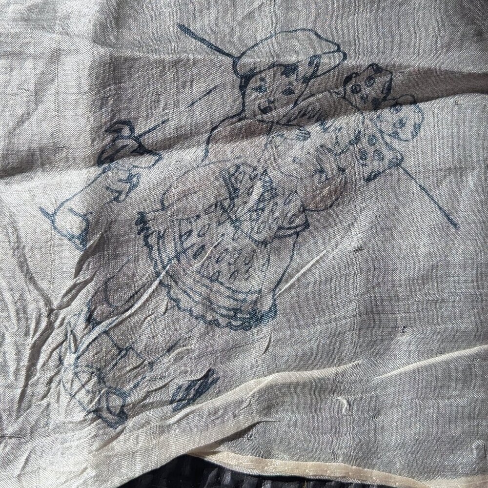 vintage 50s 60s silk handkerchief children illustration 8" x 8.25"